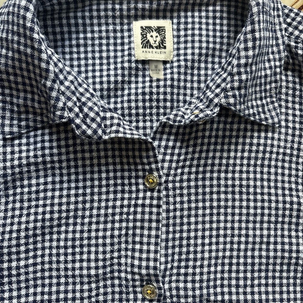 Anne Klein Women’s Button Down Shirt M Black White Gingham Check Long Sleeve Top - Picture 3 of 3